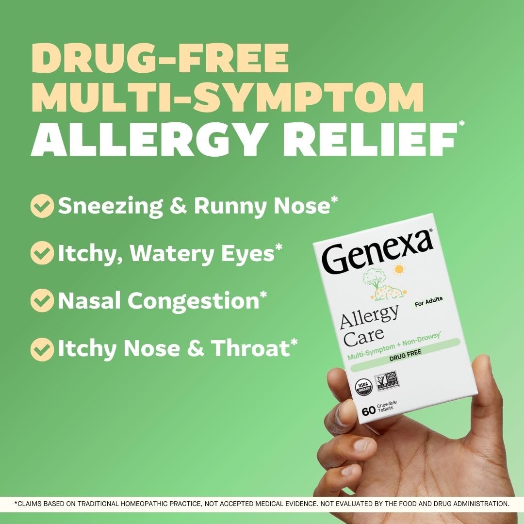 Genexa Allergy Care | Drug Free, Non-Drowsy Allergy & Decongestant Remedy for Adults | Vegan & Non-GMO | Homeopathic Allergy Relief Made Clean | Organic Acai Berry Flavor | 60 Chewable Tablets - dailyvitalstore