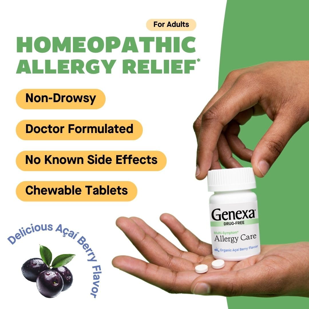Genexa Allergy Care | Drug Free, Non-Drowsy Allergy & Decongestant Remedy for Adults | Vegan & Non-GMO | Homeopathic Allergy Relief Made Clean | Organic Acai Berry Flavor | 60 Chewable Tablets - dailyvitalstore