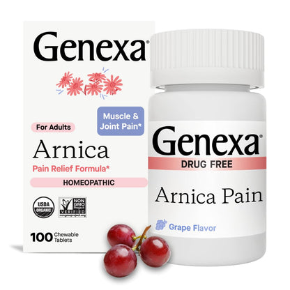 Genexa Arnica for Pain Relief | Alleviate Muscle & Joint Pain, Soreness & Stiffness | Reduces Bruises & Swelling | Organic Grape Flavor | Homeopathic Remedy Made Clean | 100 Chewable Tablets - dailyvitalstore