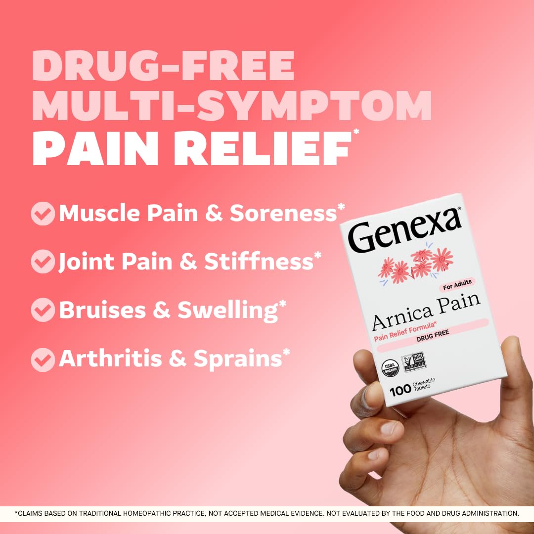 Genexa Arnica for Pain Relief | Alleviate Muscle & Joint Pain, Soreness & Stiffness | Reduces Bruises & Swelling | Organic Grape Flavor | Homeopathic Remedy Made Clean | 100 Chewable Tablets - dailyvitalstore