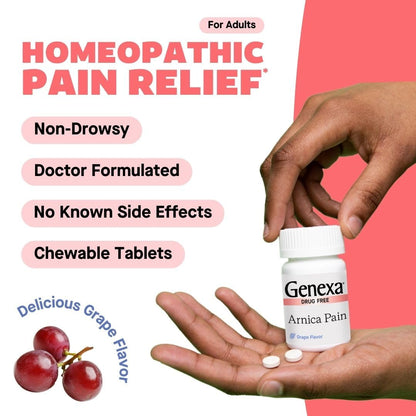 Genexa Arnica for Pain Relief | Alleviate Muscle & Joint Pain, Soreness & Stiffness | Reduces Bruises & Swelling | Organic Grape Flavor | Homeopathic Remedy Made Clean | 100 Chewable Tablets - dailyvitalstore