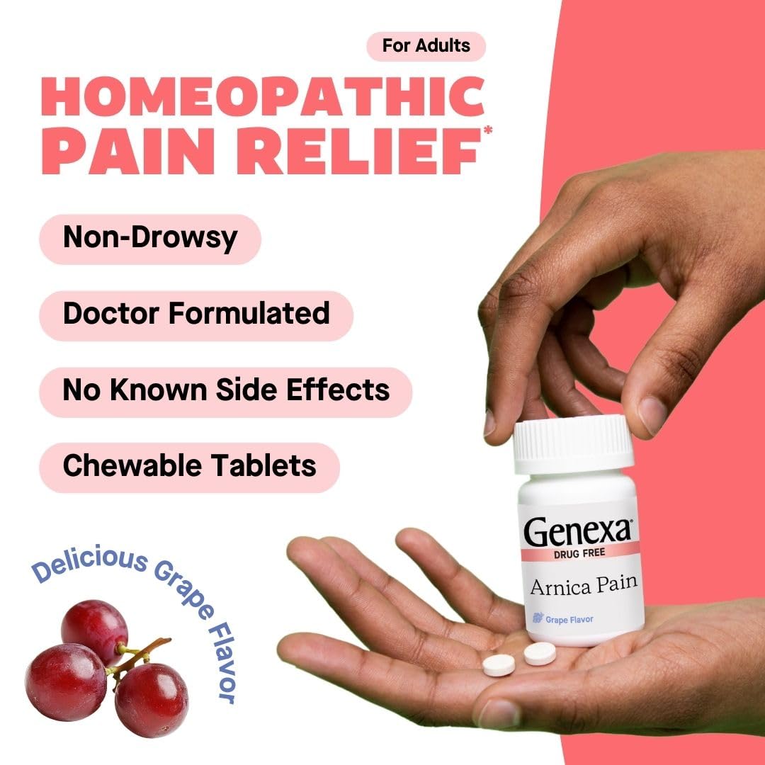 Genexa Arnica Tablets for Pain Relief Formula | Alleviate Muscle & Joint Pain, Soreness, & Stiffness | Delicious Organic Grape Flavor | Homeopathic Remedy Made Clean | 300 Chewable Tablets (3 Pack) - dailyvitalstore