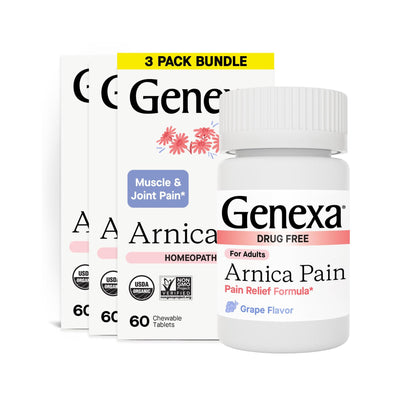 Genexa Arnica Tablets for Pain Relief Formula | Alleviate Muscle & Joint Pain, Soreness, & Stiffness | Delicious Organic Grape Flavor | Homeopathic Remedy Made Clean | 300 Chewable Tablets (3 Pack) - dailyvitalstore