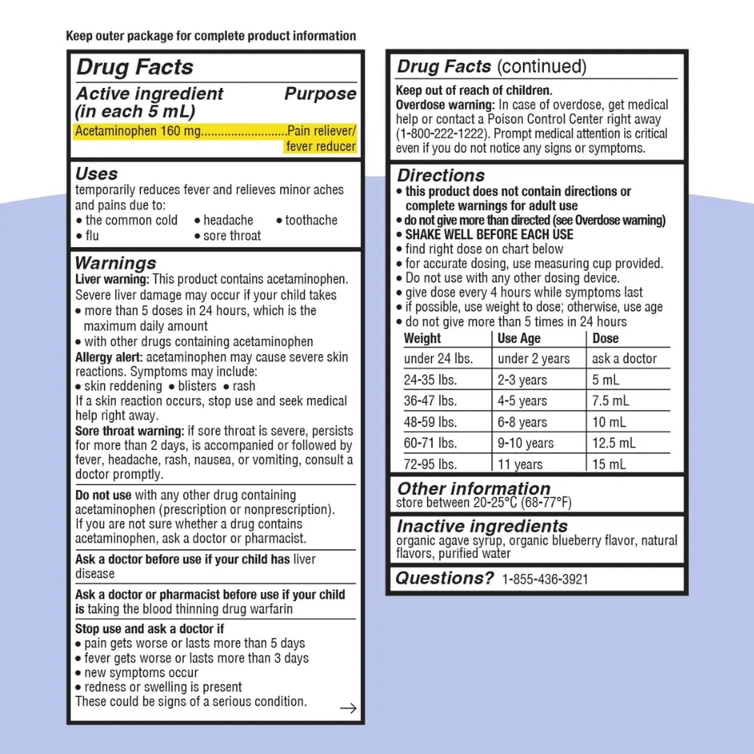Genexa Children's Clean Acetaminophen | Pediatrician Preferred Ingredients | Pain & Fever Reducer for Kids | Dye Free, 0% Artificial Additives | Ages 2-11, Delicious Organic Blueberry Liquid, 4 fl oz - dailyvitalstore