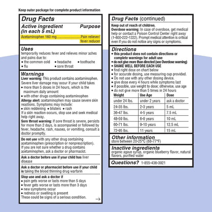 Genexa Children's Clean Acetaminophen | Pediatrician Preferred Ingredients | Pain & Fever Reducer for Kids | Dye Free, 0% Artificial Additives | Ages 2-11, Delicious Organic Blueberry Liquid, 4 fl oz - dailyvitalstore