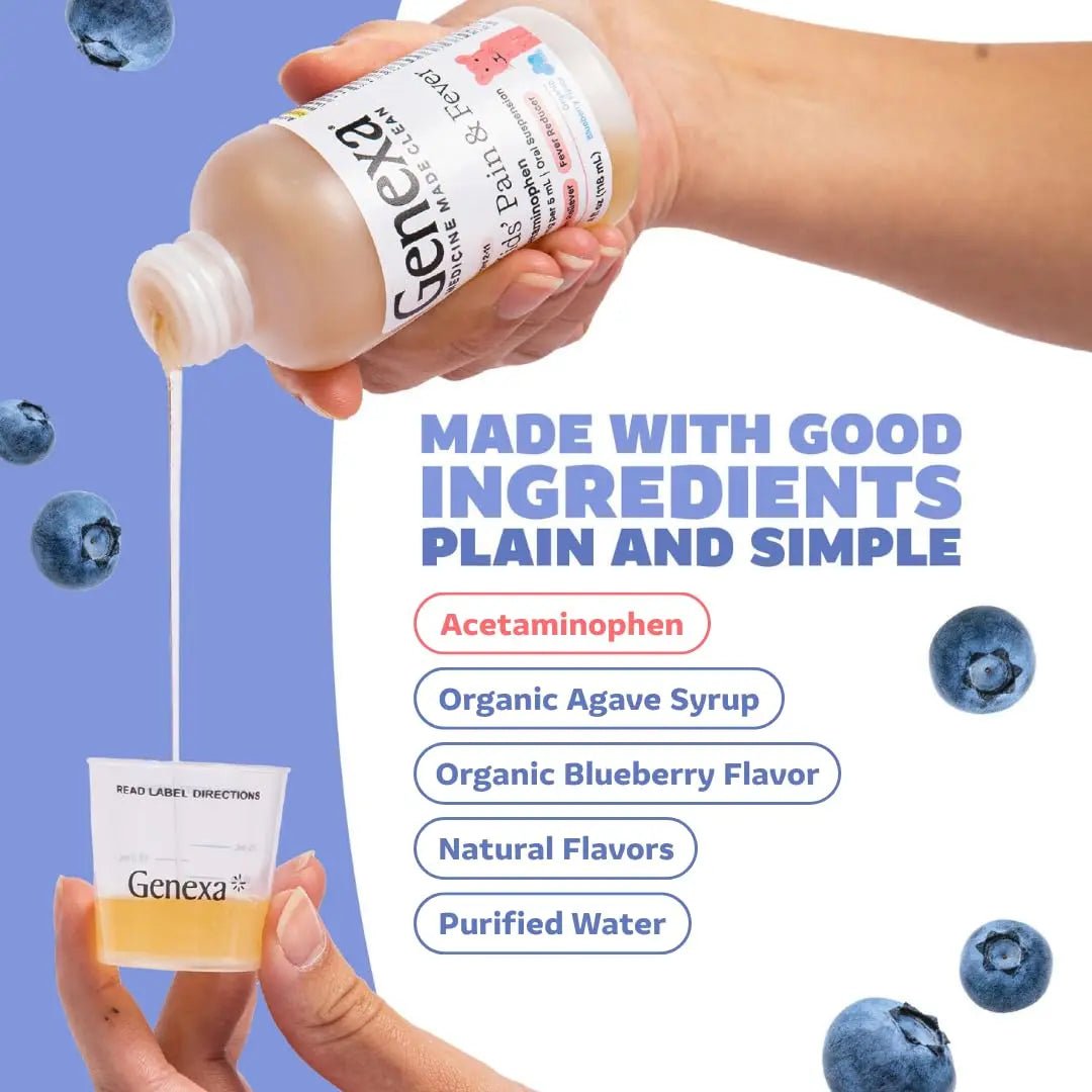 Genexa Children's Clean Acetaminophen | Pediatrician Preferred Ingredients | Pain & Fever Reducer for Kids | Dye Free, 0% Artificial Additives | Ages 2-11, Delicious Organic Blueberry Liquid, 4 fl oz - dailyvitalstore