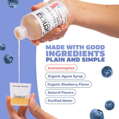 Genexa Children's Clean Acetaminophen | Pediatrician Preferred Ingredients | Pain & Fever Reducer for Kids | Dye Free, 0% Artificial Additives | Ages 2-11, Delicious Organic Blueberry Liquid, 4 fl oz - dailyvitalstore