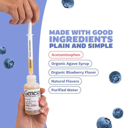 Genexa Infants' Clean Acetaminophen | Pediatrician Preferred Ingredients | Pain Reliever & Fever Reducer for Babies | Dye Free, 0% Artificial Additives | Delicious Organic Blueberry Flavor, 2 fl oz - dailyvitalstore