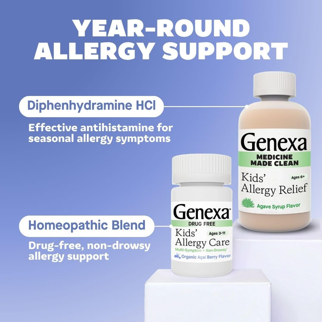Genexa Kids Allergy Bundle | Powerful OTC Medicine + Gentle Homeopathic Remedy | Antihistamine, Relieves Runny Nose, Sneezing & Itchy Eyes | Organic Acai & Agave Flavors | Ages 6+ - dailyvitalstore