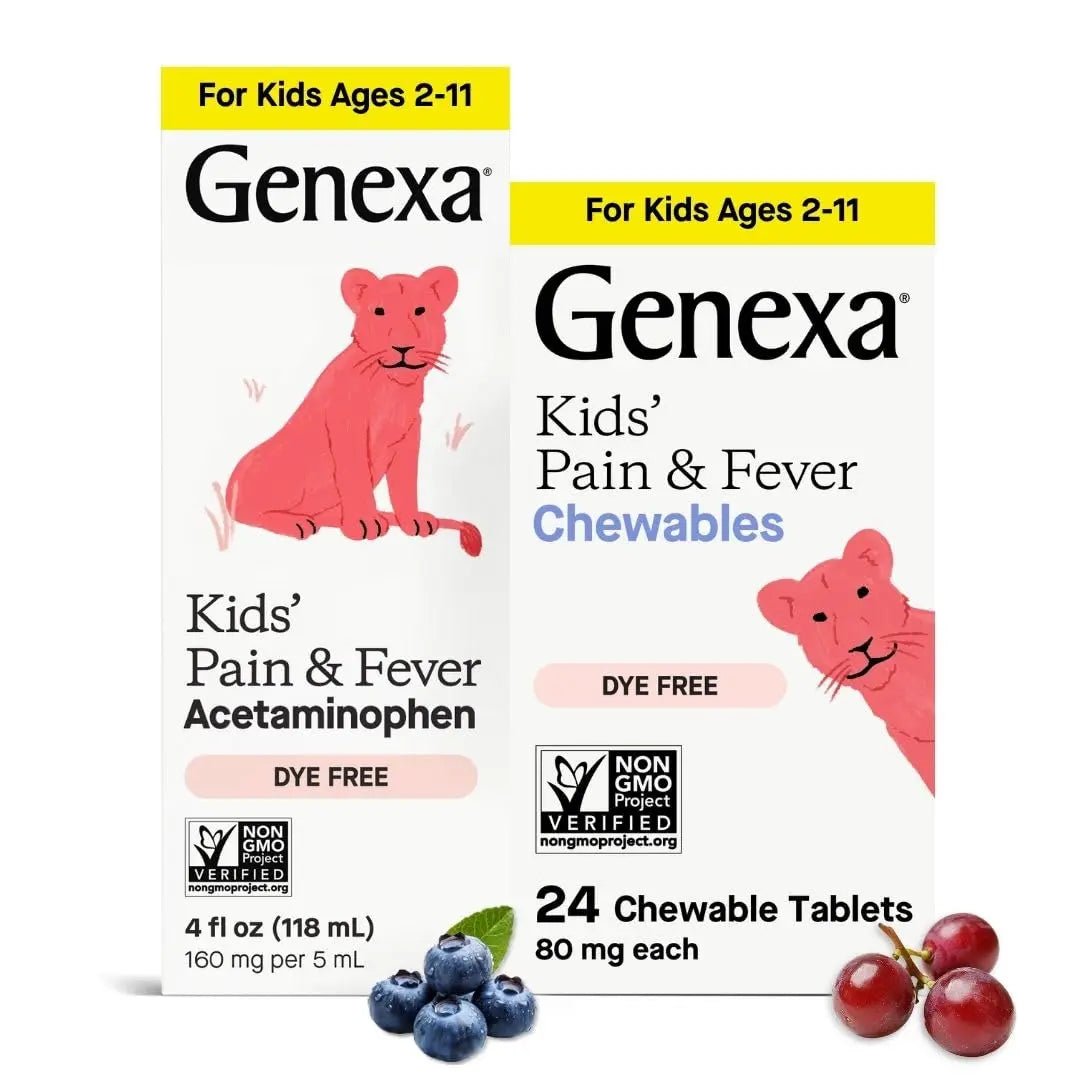Genexa Kids' Clean Pain & Fever Acetaminophen Bundle | Relieves Fever & Minor Aches and Pain | Dye Free, 0% Artificial Additives | Chewable Tablets & Liquid Oral Suspension for Children Aged 2-11 - dailyvitalstore