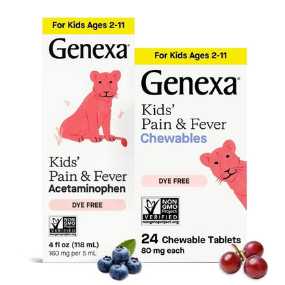 Genexa Kids' Clean Pain & Fever Acetaminophen Bundle | Relieves Fever & Minor Aches and Pain | Dye Free, 0% Artificial Additives | Chewable Tablets & Liquid Oral Suspension for Children Aged 2-11 - dailyvitalstore