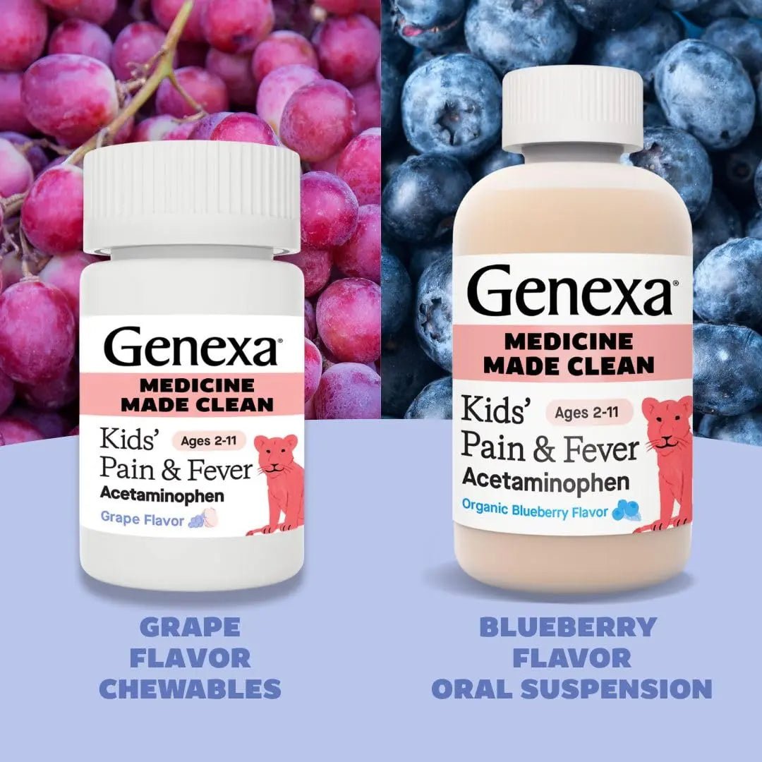 Genexa Kids' Clean Pain & Fever Acetaminophen Bundle | Relieves Fever & Minor Aches and Pain | Dye Free, 0% Artificial Additives | Chewable Tablets & Liquid Oral Suspension for Children Aged 2-11 - dailyvitalstore