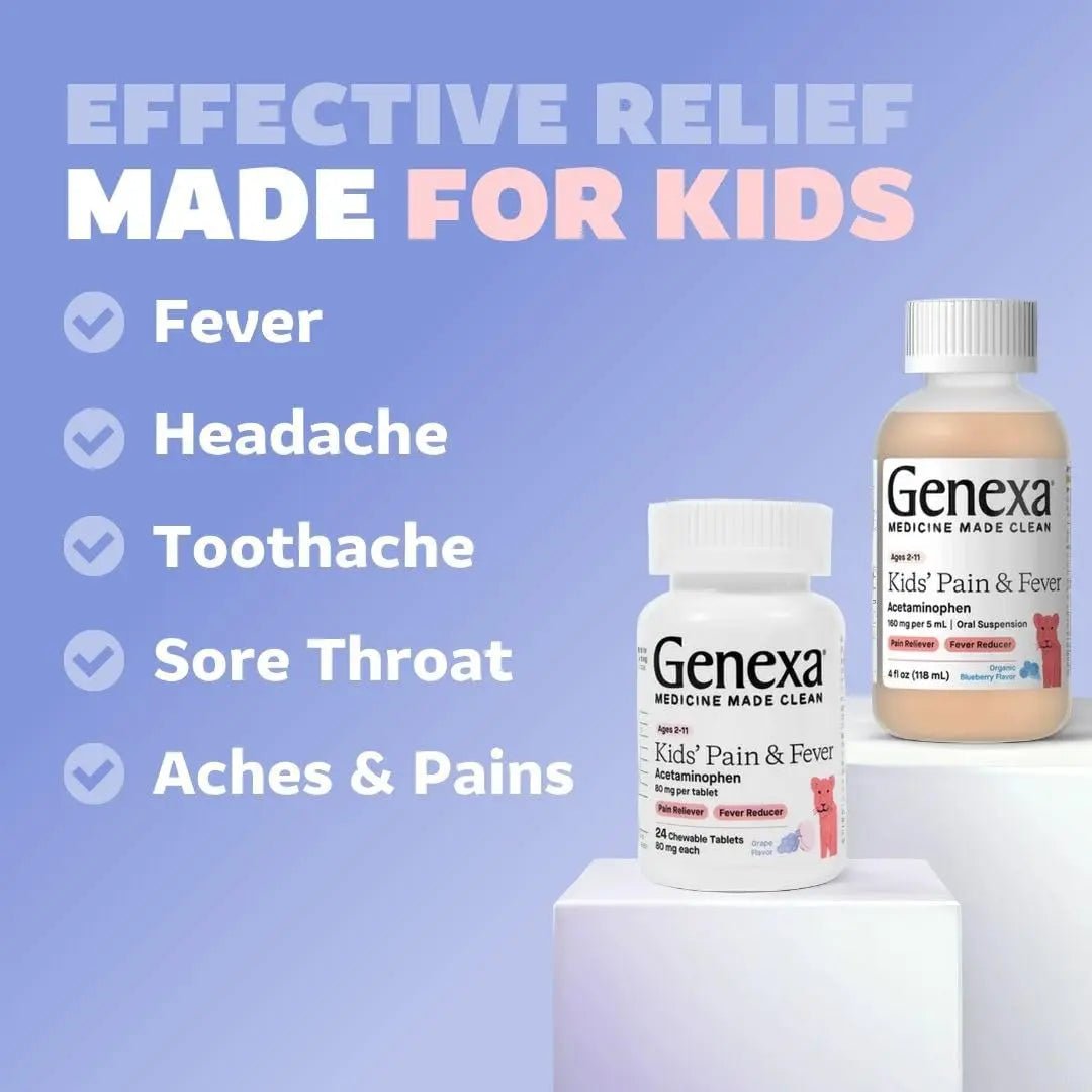 Genexa Kids' Clean Pain & Fever Acetaminophen Bundle | Relieves Fever & Minor Aches and Pain | Dye Free, 0% Artificial Additives | Chewable Tablets & Liquid Oral Suspension for Children Aged 2-11 - dailyvitalstore