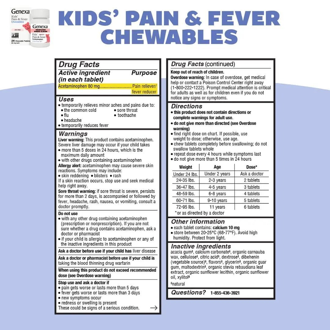 Genexa Kids' Clean Pain & Fever Acetaminophen Bundle | Relieves Fever & Minor Aches and Pain | Dye Free, 0% Artificial Additives | Chewable Tablets & Liquid Oral Suspension for Children Aged 2-11 - dailyvitalstore