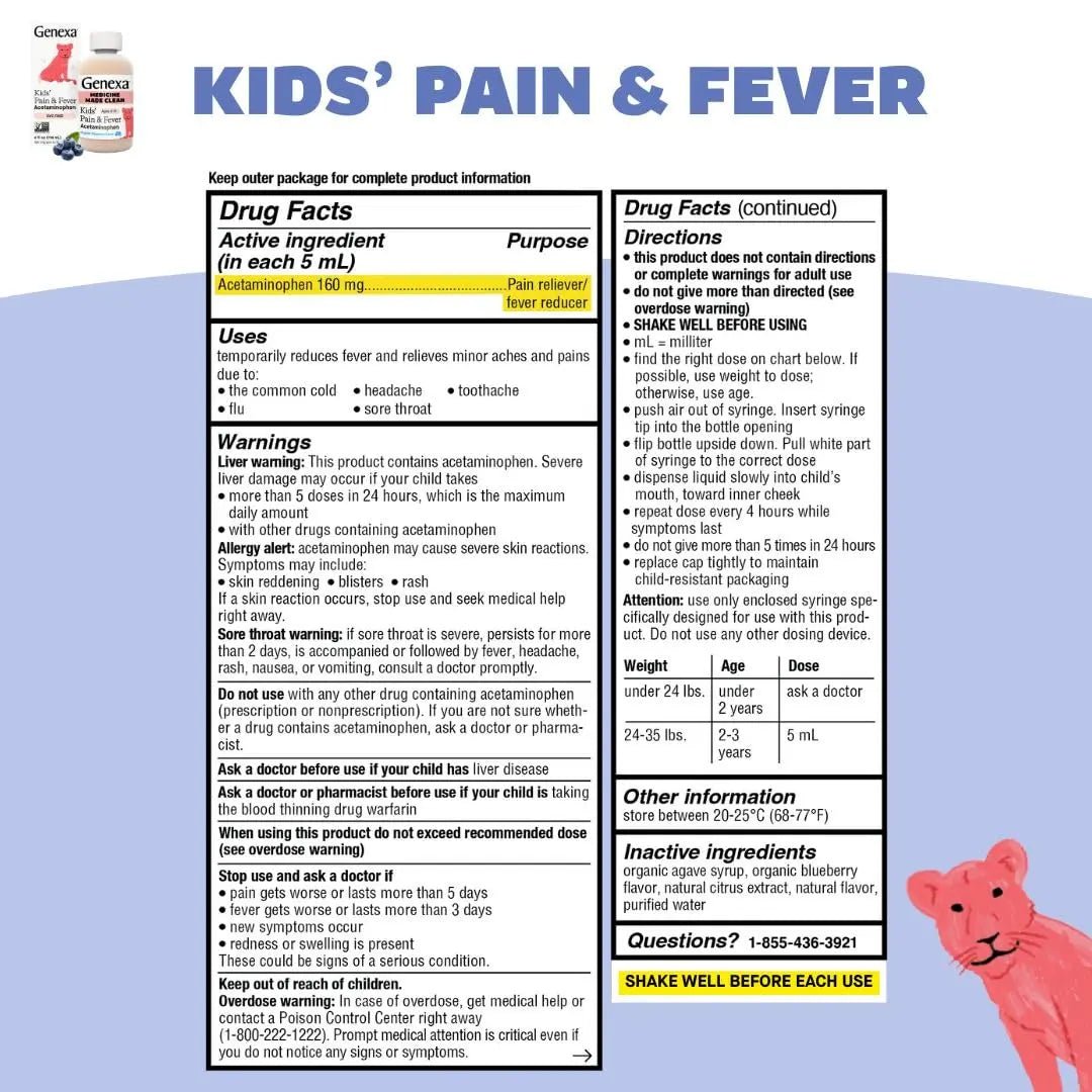 Genexa Kids' Clean Pain & Fever Acetaminophen Bundle | Relieves Fever & Minor Aches and Pain | Dye Free, 0% Artificial Additives | Chewable Tablets & Liquid Oral Suspension for Children Aged 2-11 - dailyvitalstore