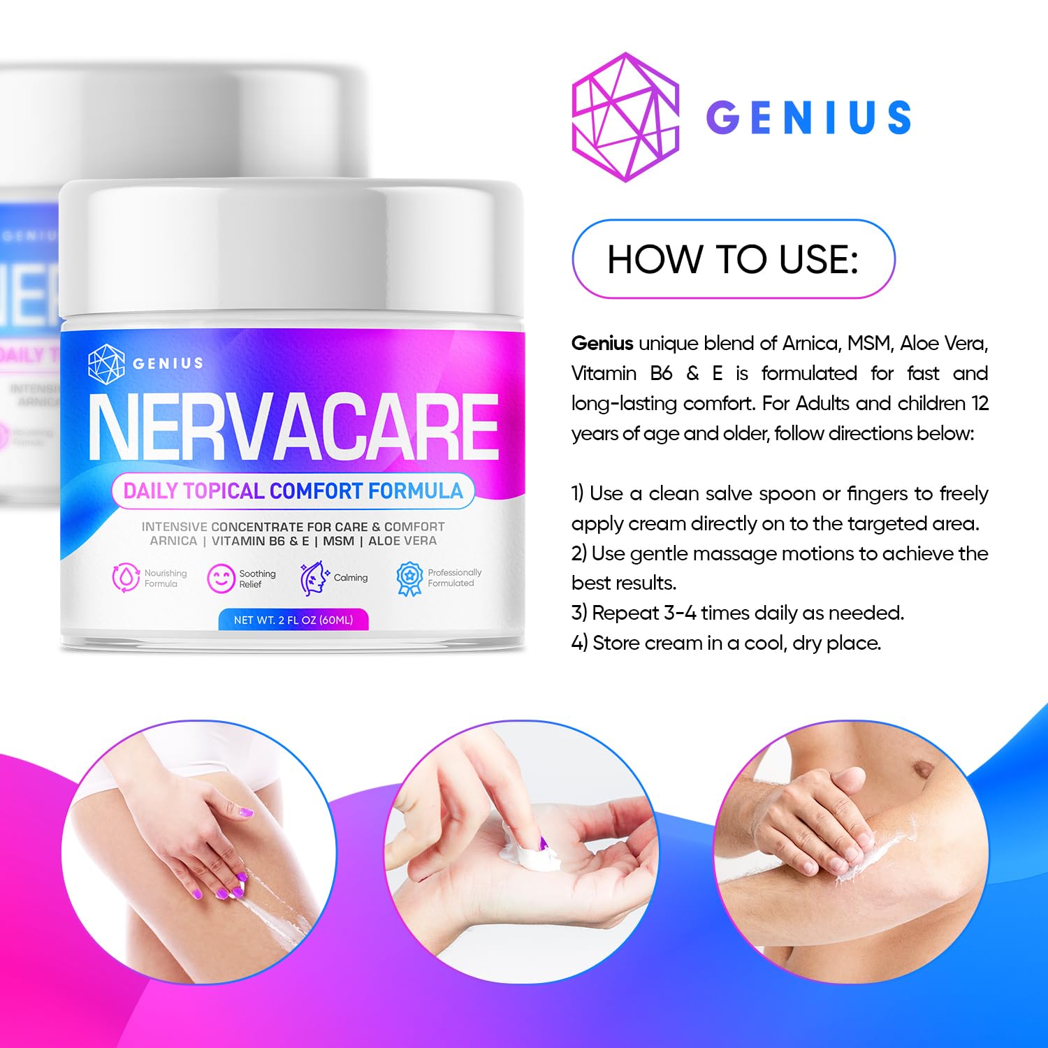 Genius Nervacare – Neuropathy Cream for Feet, Hands, Legs & Toes – Nerve Comfort Cream with Menthol, Arnica, MSM, Vitamin B6, Aloe Vera – Fast-Absorbing, Non-Greasy 2Oz - dailyvitalstore