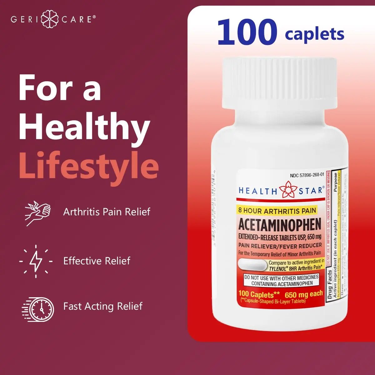GeriCare Acetaminophen Extended-Release Arthritis 650mg Caplets, Pain Reliever, Arthritis Symptoms, Fever Reduction, 100 Count (Pack of 1) - dailyvitalstore