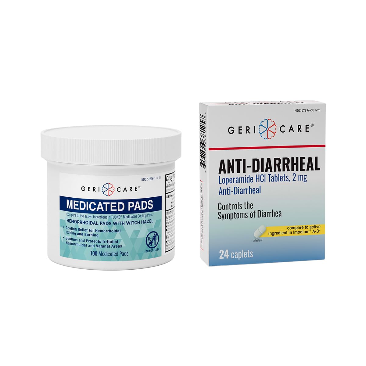 GeriCare Anti-Diarrheal Caplets 24 Count & Medicated Pads of Witch Hazel 50% 100 Count Bundle – Fast Relief for Diarrhea, Soothing Medicated Pads for Irritation, Digestive Support & Travel - dailyvitalstore