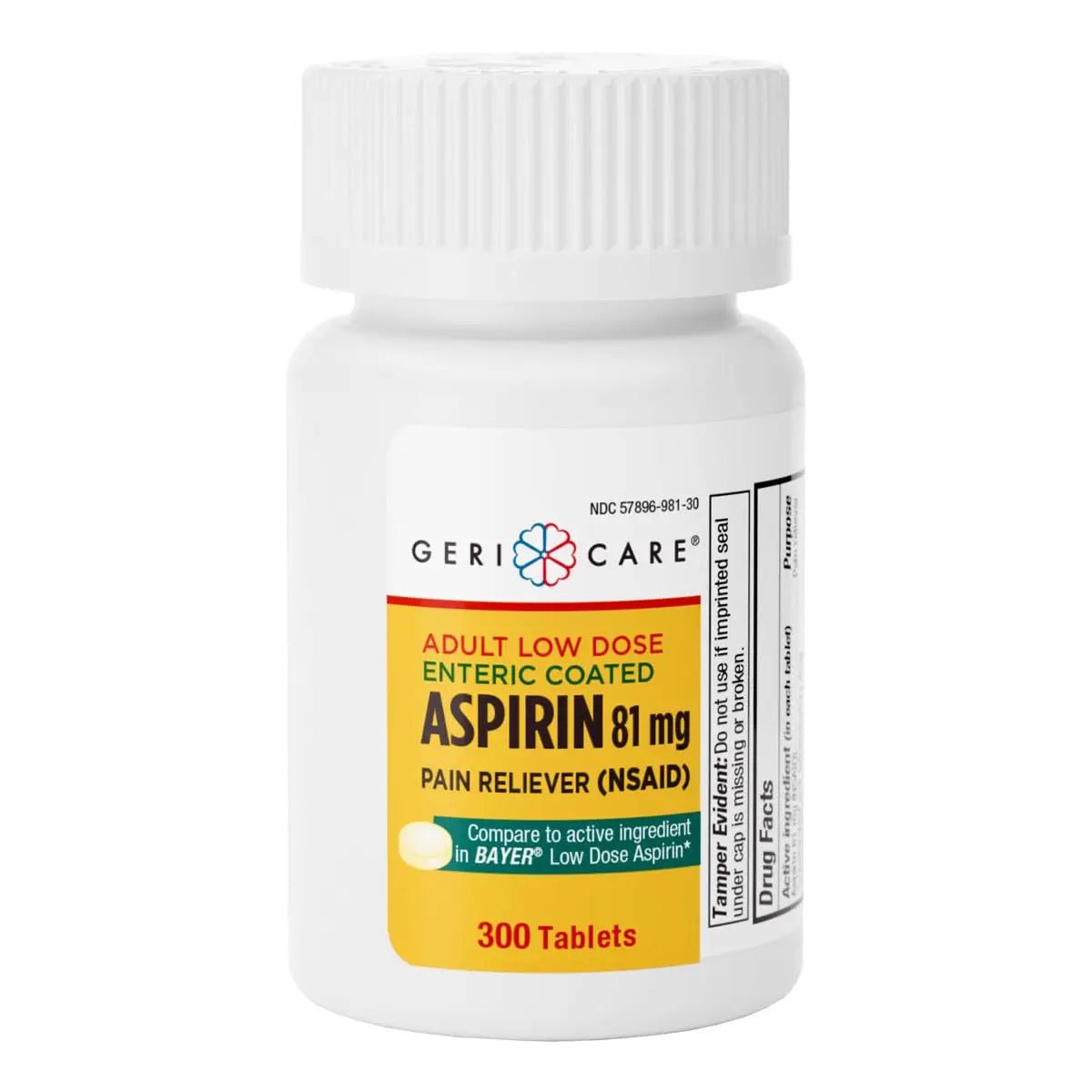 GeriCare Aspirin 81mg Adult Low Dose, Pain Reliever - Enteric Coated Tablets for Enhanced Absorption and Gentle Digestion – Supports Blood Flow, Reduces Inflammation, 300 Count (Pack of 1) - dailyvitalstore
