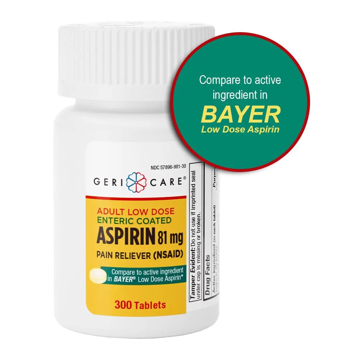 GeriCare Aspirin 81mg Adult Low Dose, Pain Reliever - Enteric Coated Tablets for Enhanced Absorption and Gentle Digestion – Supports Blood Flow, Reduces Inflammation, 300 Count (Pack of 1) - dailyvitalstore