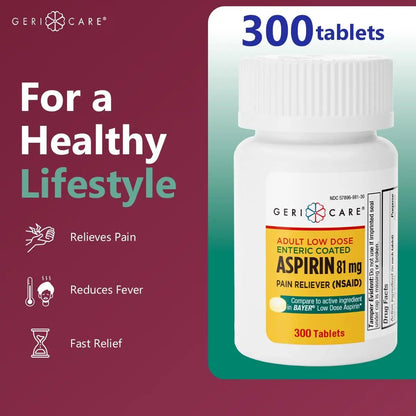 GeriCare Aspirin 81mg Adult Low Dose, Pain Reliever - Enteric Coated Tablets for Enhanced Absorption and Gentle Digestion – Supports Blood Flow, Reduces Inflammation, 300 Count (Pack of 1) - dailyvitalstore