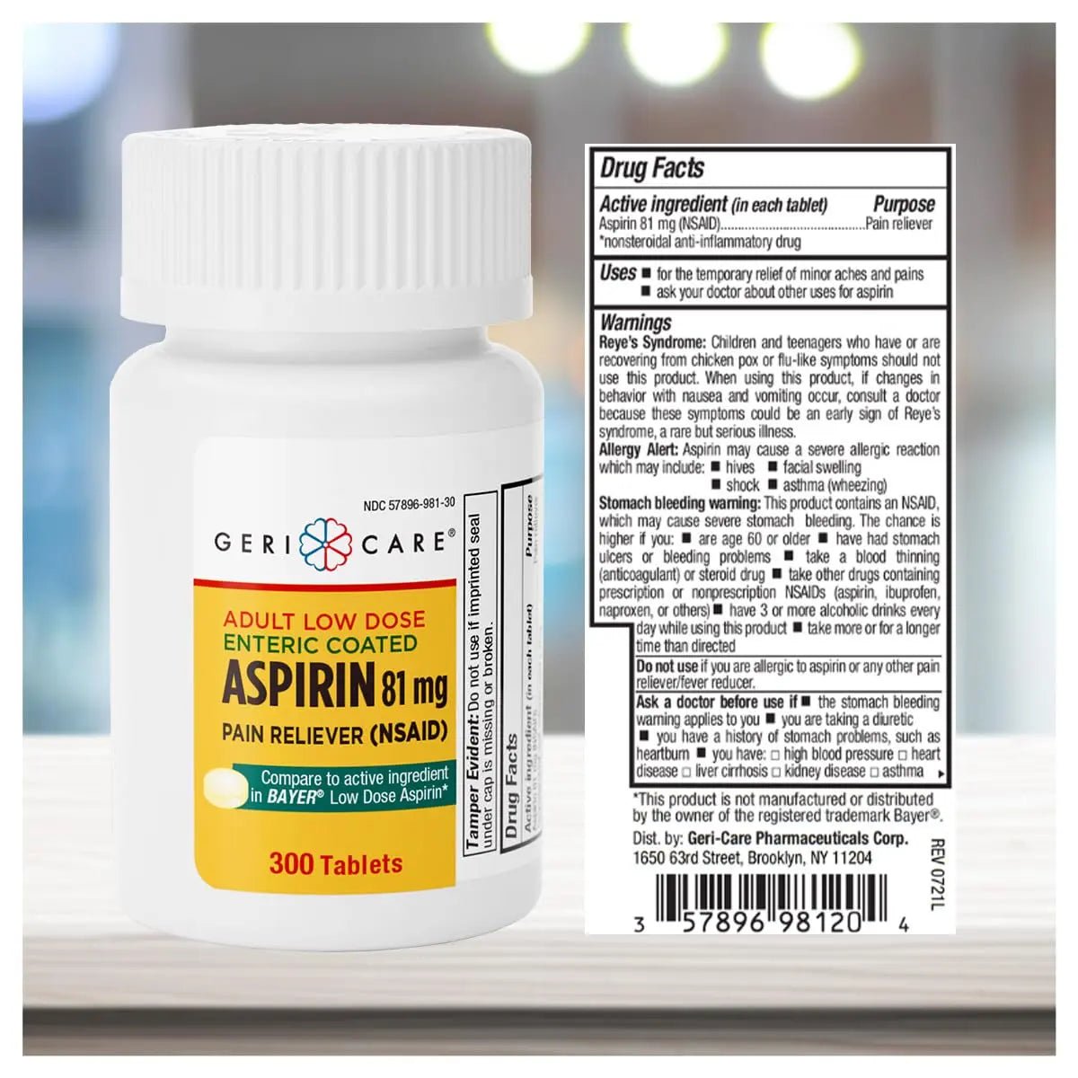 GeriCare Aspirin 81mg Adult Low Dose, Pain Reliever - Enteric Coated Tablets for Enhanced Absorption and Gentle Digestion – Supports Blood Flow, Reduces Inflammation, 300 Count (Pack of 1) - dailyvitalstore