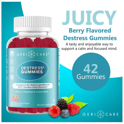 GeriCare DeStress Gummies with GABA, L-Theanine & Lemon Balm Mixed Berry Flavor – 42 Count – Supports Relaxation & Mental Clarity – Non-GMO, Gluten-Free, Vegan - dailyvitalstore