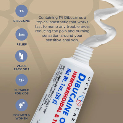GeriCare Dibucaine Hemorroid Ointment 1% Pain-Relief Hemorrhoid Cream |Hemorroidal & Topical Analgesic| Quick Relief from Burning & Itching | Fast-Acting External Hemorrhoid Treatment 1oz (2 Pack) - dailyvitalstore
