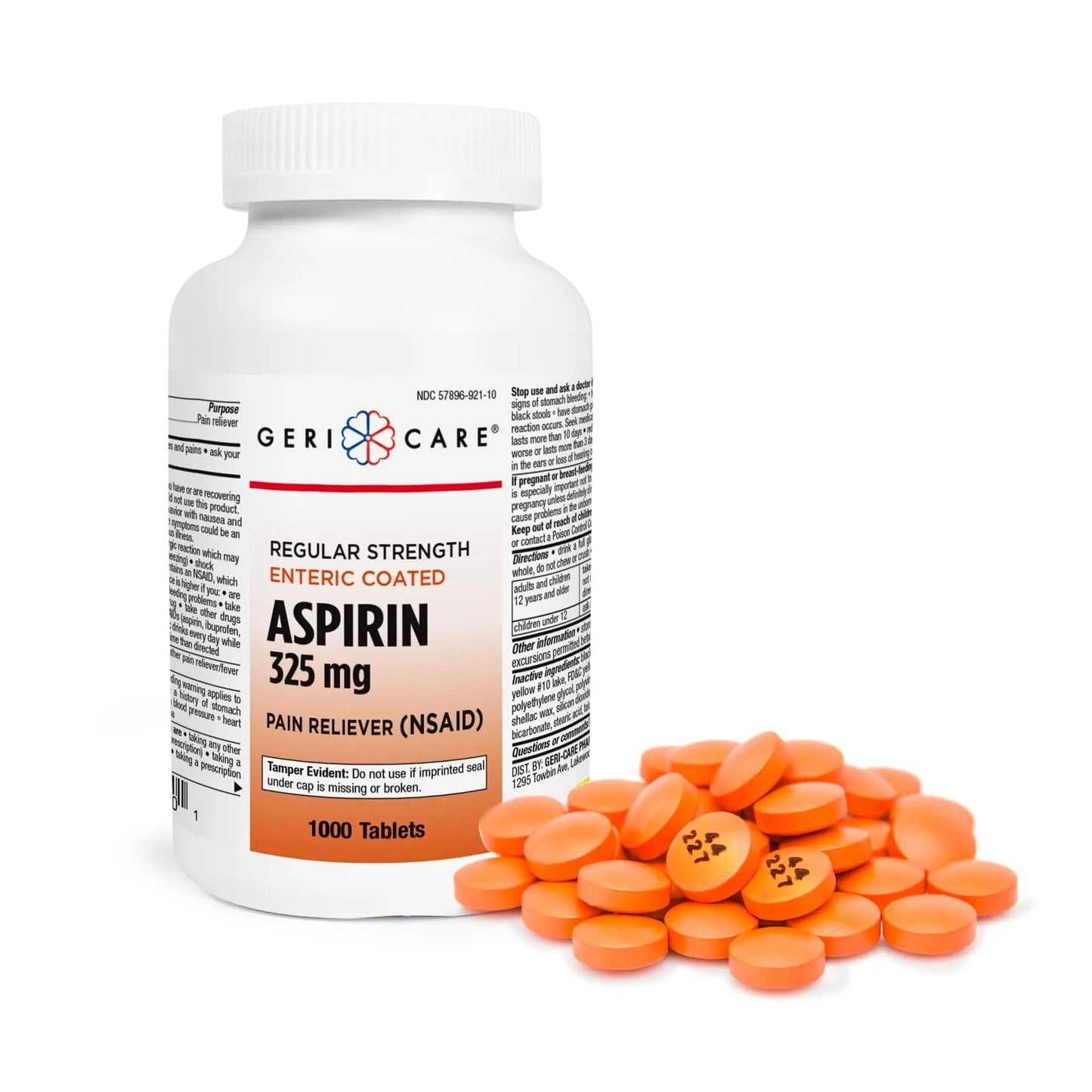 GeriCare Enteric Coated Aspirin Tablets 325mg (1000 Count) NSAID Pain Reliever & Fever Reducer for Adults- Regular Strength Aspirin for Headache Arthritis Menstrual & Muscle Pain - dailyvitalstore
