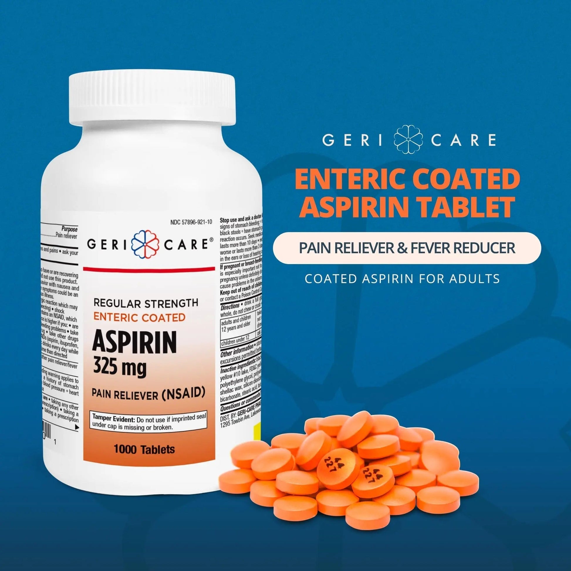 GeriCare Enteric Coated Aspirin Tablets 325mg (1000 Count) NSAID Pain Reliever & Fever Reducer for Adults- Regular Strength Aspirin for Headache Arthritis Menstrual & Muscle Pain - dailyvitalstore