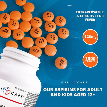 GeriCare Enteric Coated Aspirin Tablets 325mg (1000 Count) NSAID Pain Reliever & Fever Reducer for Adults- Regular Strength Aspirin for Headache Arthritis Menstrual & Muscle Pain - dailyvitalstore
