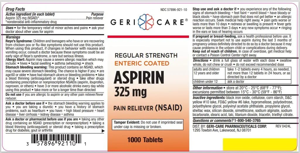 GeriCare Enteric Coated Aspirin Tablets 325mg (1000 Count) NSAID Pain Reliever & Fever Reducer for Adults- Regular Strength Aspirin for Headache Arthritis Menstrual & Muscle Pain - dailyvitalstore