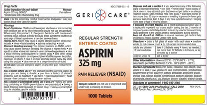 GeriCare Enteric Coated Aspirin Tablets 325mg (1000 Count) NSAID Pain Reliever & Fever Reducer for Adults- Regular Strength Aspirin for Headache Arthritis Menstrual & Muscle Pain - dailyvitalstore