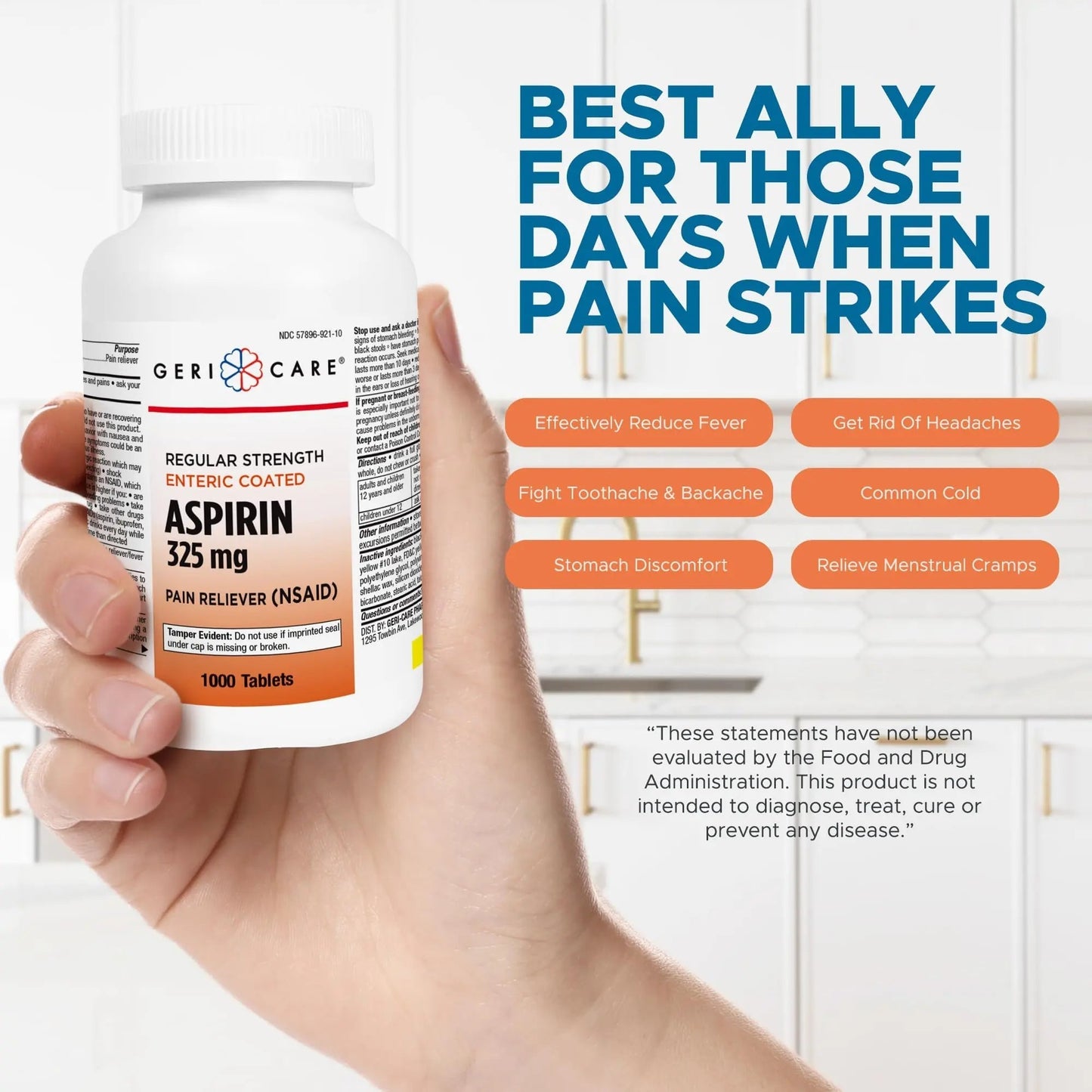 GeriCare Enteric Coated Aspirin Tablets 325mg (1000 Count) NSAID Pain Reliever & Fever Reducer for Adults- Regular Strength Aspirin for Headache Arthritis Menstrual & Muscle Pain - dailyvitalstore