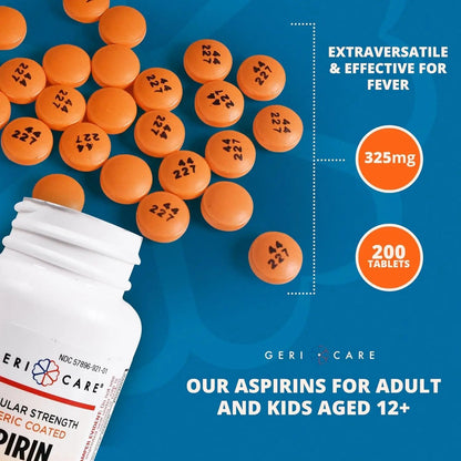 GeriCare Enteric Coated Aspirin Tablets 325mg (200 Count) NSAID Pain Reliever & Fever Reducer for Adults- Regular Strength Aspirin for Headache Arthritis Menstrual & Muscle Pain - dailyvitalstore