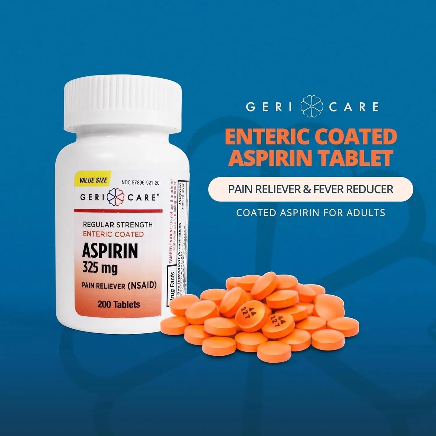 GeriCare Enteric Coated Aspirin Tablets 325mg (200 Count) NSAID Pain Reliever & Fever Reducer for Adults- Regular Strength Aspirin for Headache Arthritis Menstrual & Muscle Pain - dailyvitalstore