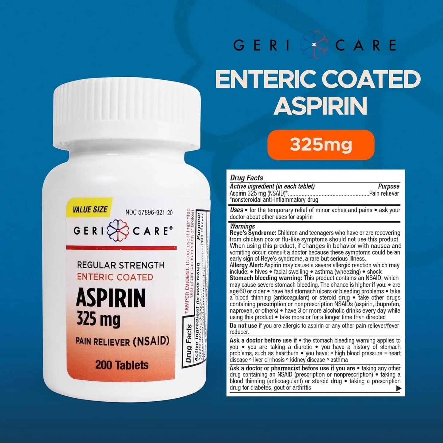 GeriCare Enteric Coated Aspirin Tablets 325mg (200 Count) NSAID Pain Reliever & Fever Reducer for Adults- Regular Strength Aspirin for Headache Arthritis Menstrual & Muscle Pain - dailyvitalstore