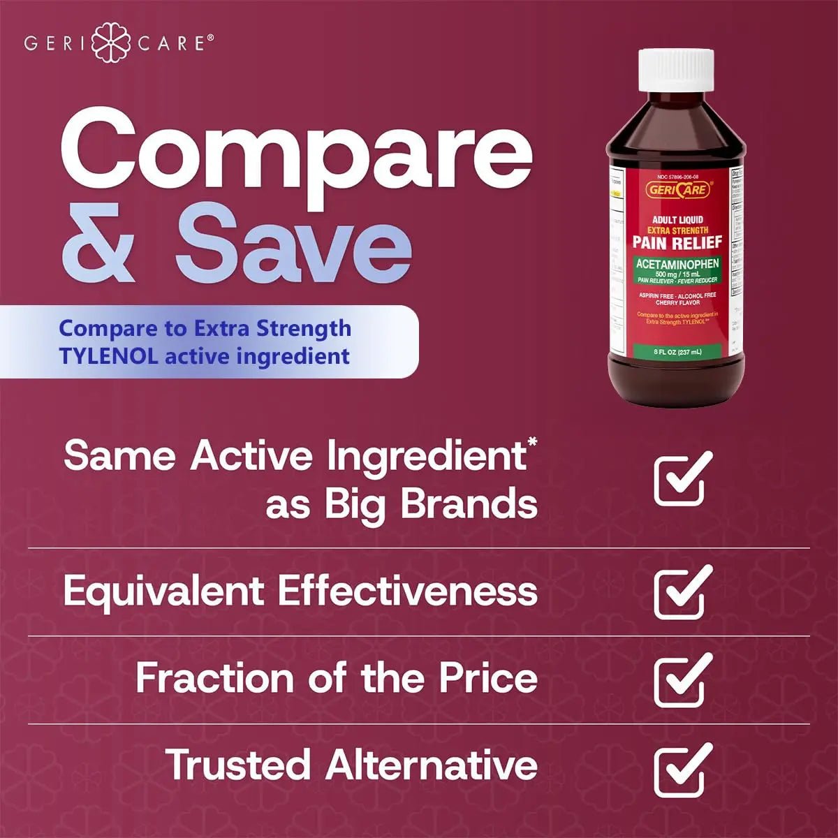 GeriCare Extra Strength Acetaminophen 500 mg Adult Liquid Pain Relief, Fever Reducer, 8 FL OZ (Pack of 1) - dailyvitalstore