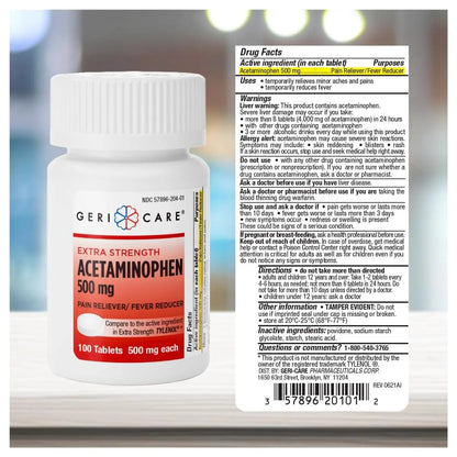 GeriCare Extra Strength Acetaminophen Pain Relief Fever Reducer Tablets, Strength 500mg Tablet | Joint, Muscle, Arthritis, Back Pain, Body Pain Relief, 100 Count (Pack of 2) - dailyvitalstore