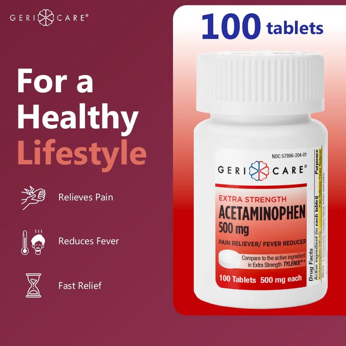 GeriCare Extra Strength Acetaminophen Pain Relief Fever Reducer Tablets, Strength 500mg Tablet | Joint, Muscle, Arthritis, Back Pain, Body Pain Relief, 100 Count (Pack of 2) - dailyvitalstore