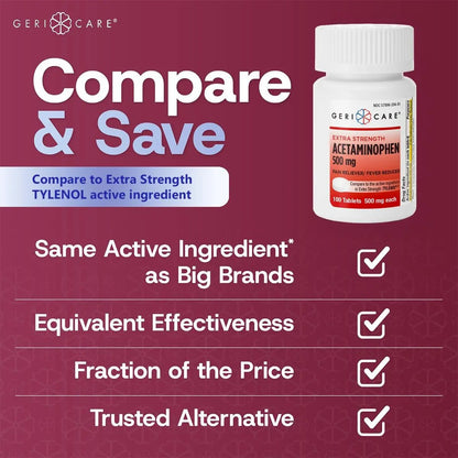 GeriCare Extra Strength Acetaminophen Pain Relief Fever Reducer Tablets, Strength 500mg Tablet | Joint, Muscle, Arthritis, Back Pain, Body Pain Relief, 100 Count (Pack of 2) - dailyvitalstore