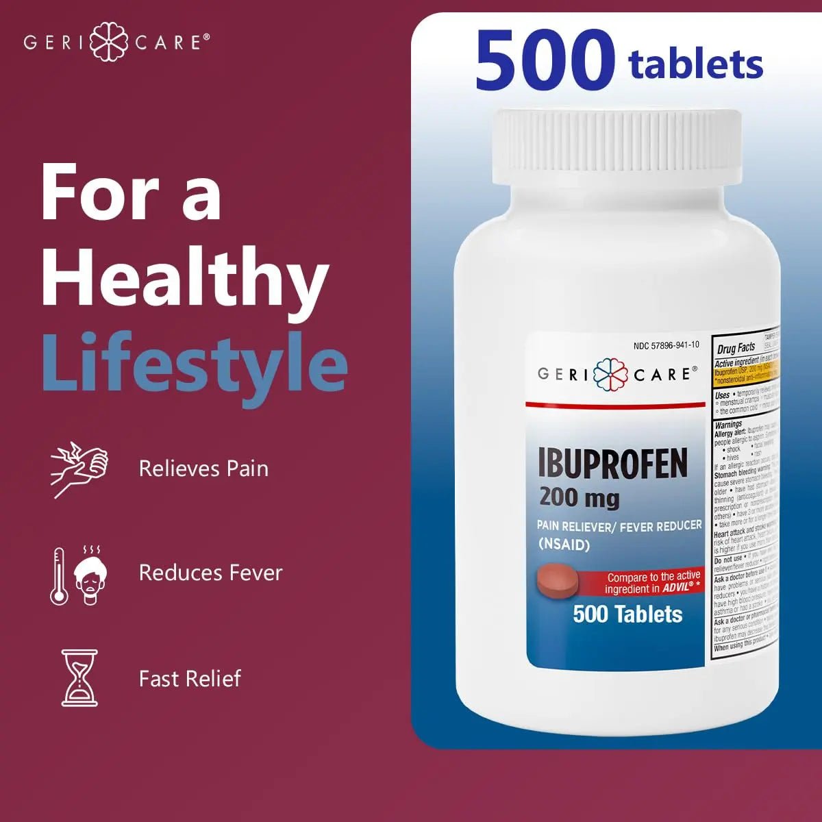 GeriCare Ibuprofen 200mg, Pain Reliever, Fever Reducer, Relieves Body Aches, 500 Count (Pack of 1) - dailyvitalstore