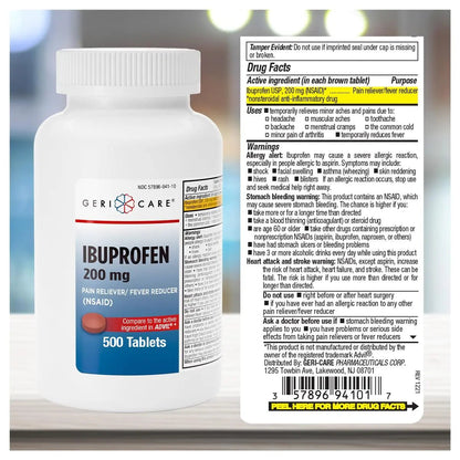 GeriCare Ibuprofen 200mg, Pain Reliever, Fever Reducer, Relieves Body Aches, 500 Count (Pack of 1) - dailyvitalstore