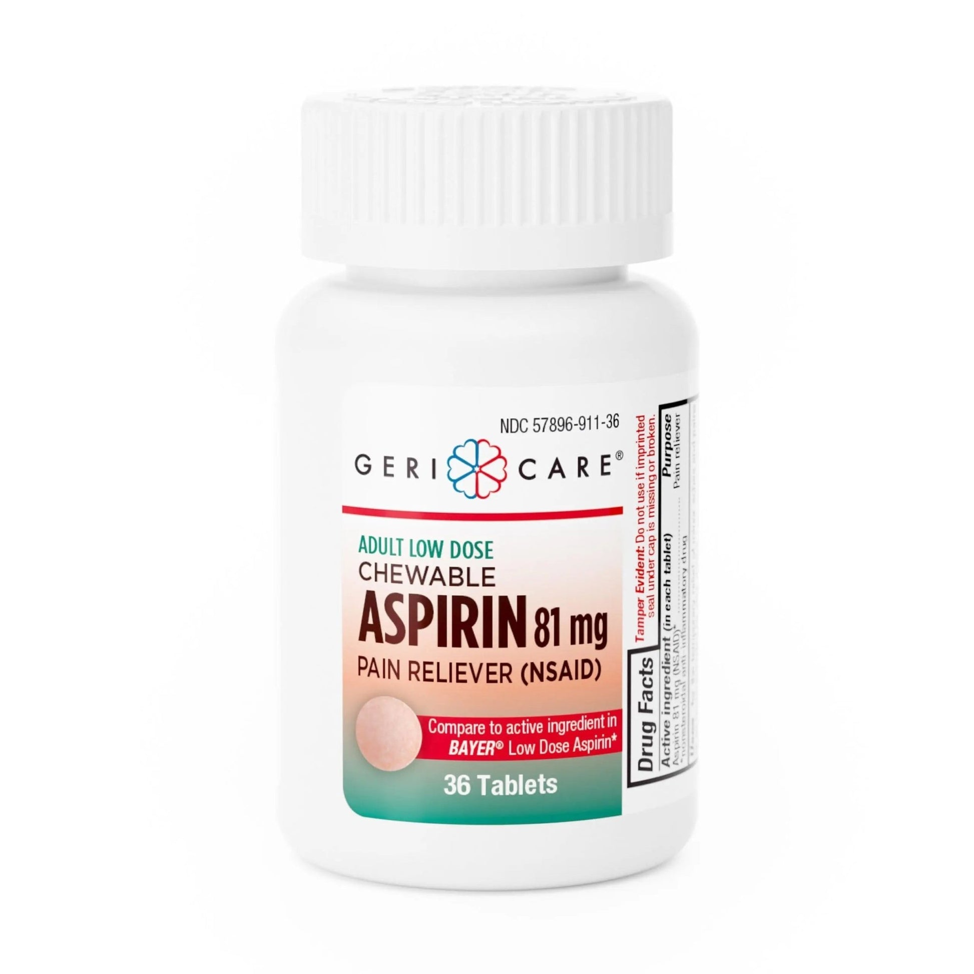 GeriCare Low Dose Adult Chewable Aspirin 81mg, Pain Reliever, Fever Reducer, 36 Count (Pack of 4) - dailyvitalstore