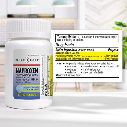 GeriCare Naproxen Sodium Tablets, 220mg (100 Count)- NSAID Extra-Strength Pain Relief for Headache, Arthritis, Muscle Aches, Menstrual Cramps- Film-Coated Naproxen, Anti-Inflammatory & Fever Reducer - dailyvitalstore