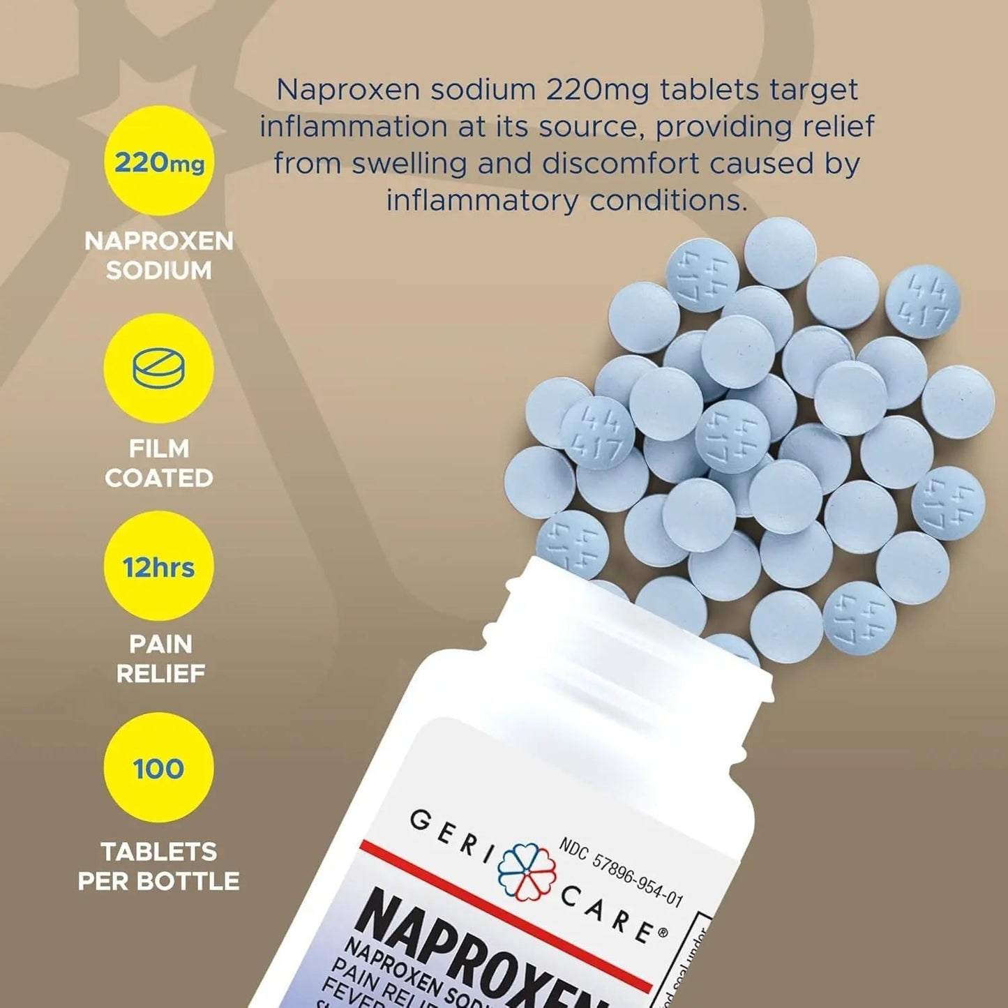 GeriCare Naproxen Sodium Tablets, 220mg (100 Count)- NSAID Extra-Strength Pain Relief for Headache, Arthritis, Muscle Aches, Menstrual Cramps- Film-Coated Naproxen, Anti-Inflammatory & Fever Reducer - dailyvitalstore