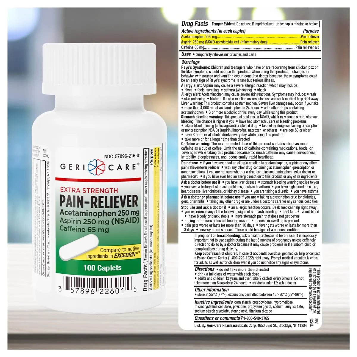 GeriCare Pain Reliever Extra Strength Caplets – 100 Count – Acetaminophen 250mg, Aspirin 250mg (NSAID), Caffeine 65mg – Powerful Triple-Action Formula for Headaches, Migraines & Minor Aches (2 Pack) - dailyvitalstore