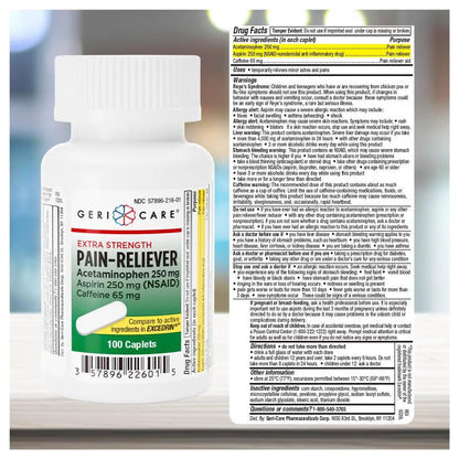 GeriCare Pain Reliever Extra Strength Caplets – 100 Count – Acetaminophen 250mg, Aspirin 250mg (NSAID), Caffeine 65mg – Powerful Triple-Action Formula for Headaches, Migraines & Minor Aches (2 Pack) - dailyvitalstore