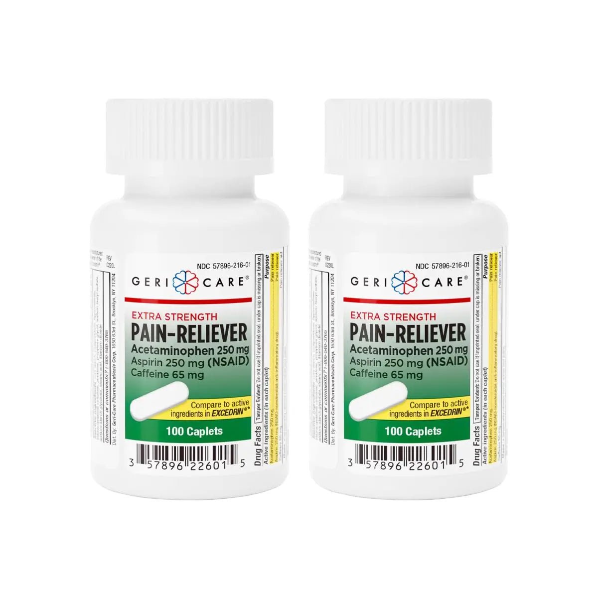 GeriCare Pain Reliever Extra Strength Caplets – 100 Count – Acetaminophen 250mg, Aspirin 250mg (NSAID), Caffeine 65mg – Powerful Triple-Action Formula for Headaches, Migraines & Minor Aches (2 Pack) - dailyvitalstore
