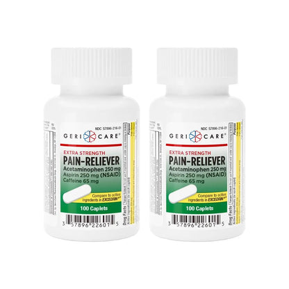 GeriCare Pain Reliever Extra Strength Caplets – 100 Count – Acetaminophen 250mg, Aspirin 250mg (NSAID), Caffeine 65mg – Powerful Triple-Action Formula for Headaches, Migraines & Minor Aches (2 Pack) - dailyvitalstore